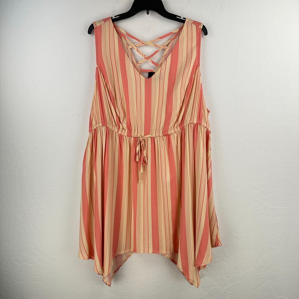 Torrid Mini Dress Top Women 3X Plus Cream Pink Striped Drawstring Waist NWT